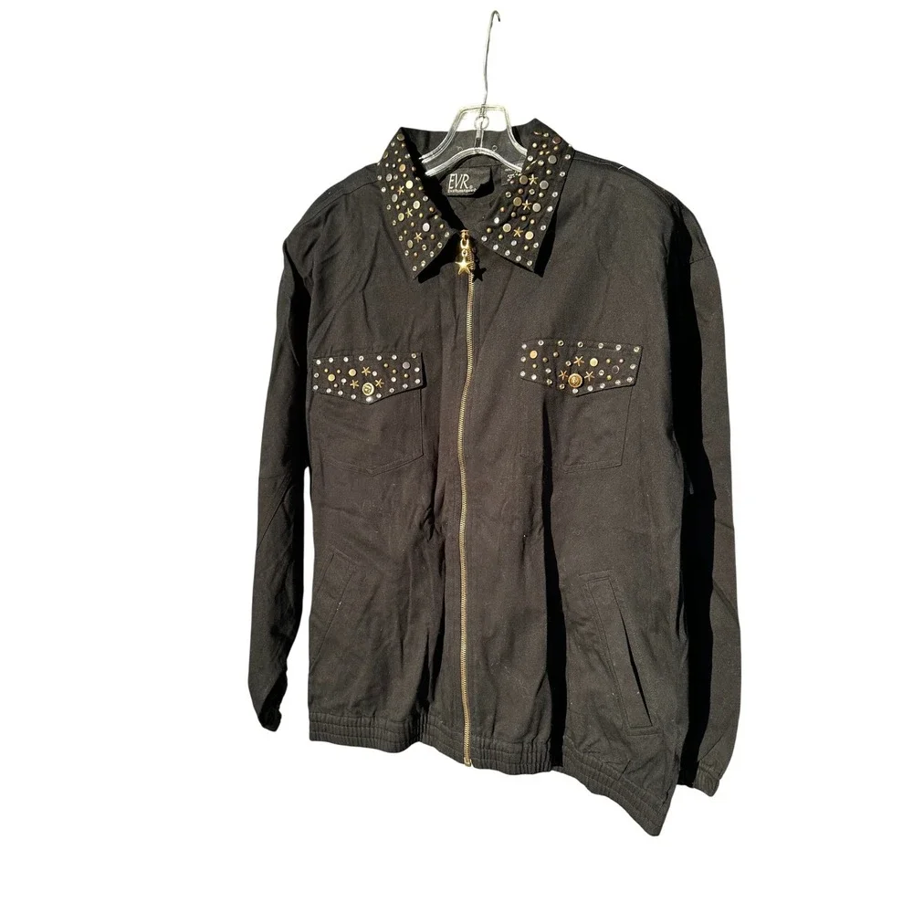 EVR Womens Black Studded Collar Zip Up Jacket‎ Star Charm Embellished Pockets XL